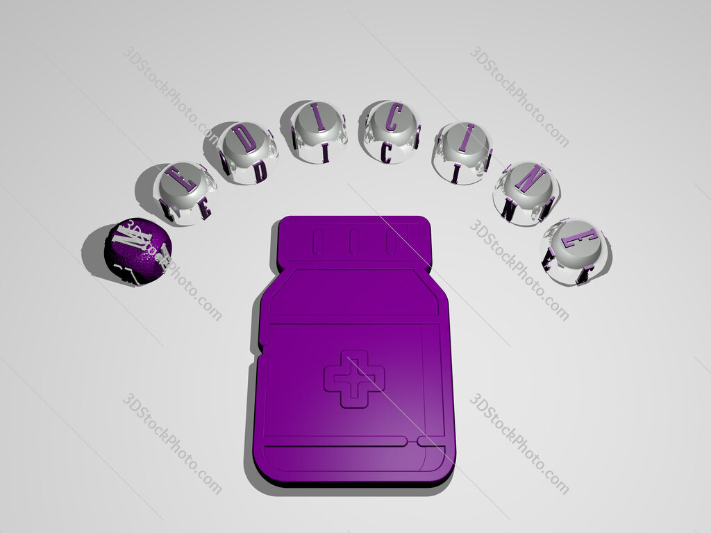 medicine 3D icon surrounded by the text of cubic letters