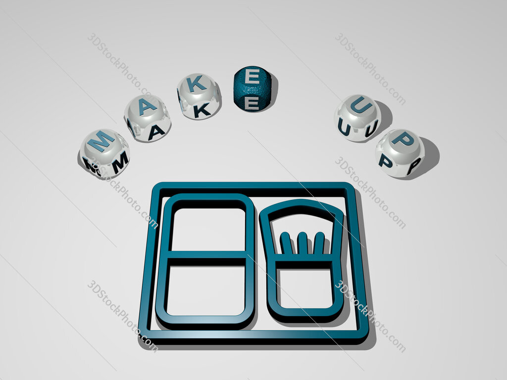 make-up 3D icon surrounded by the text of cubic letters