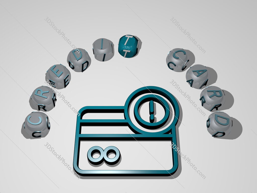 credit-card 3D icon surrounded by the text of cubic letters