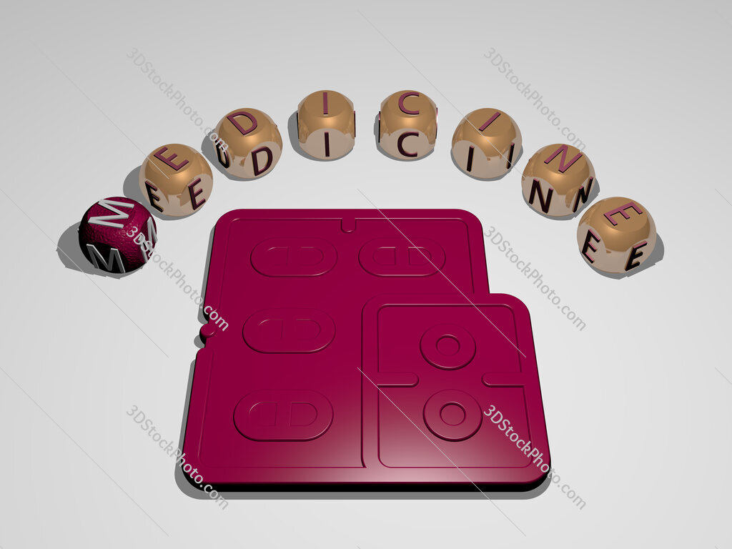 medicine 3D icon surrounded by the text of cubic letters