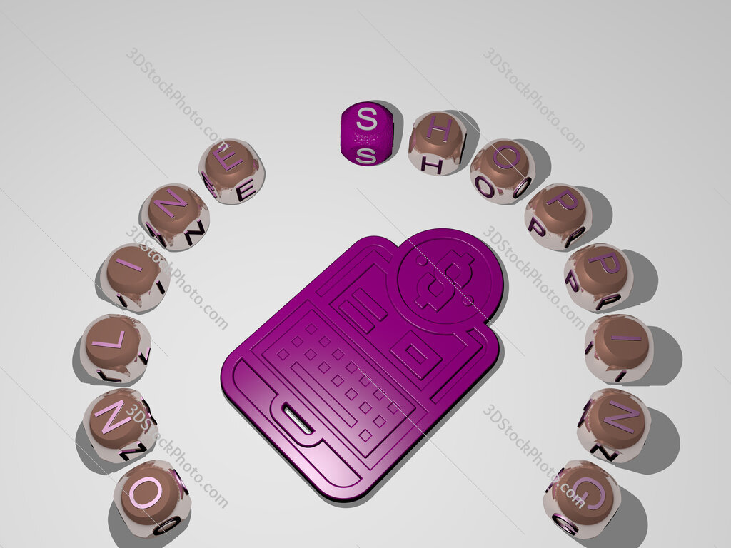 online-shopping 3D icon surrounded by the text of cubic letters