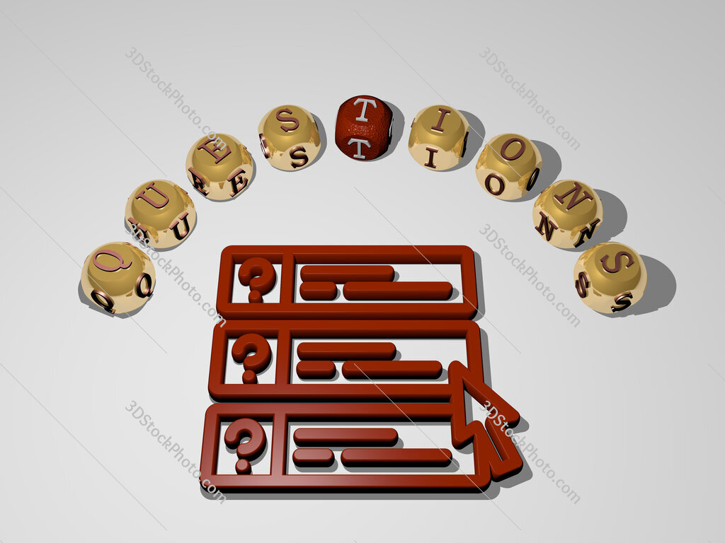 questions 3D icon surrounded by the text of cubic letters