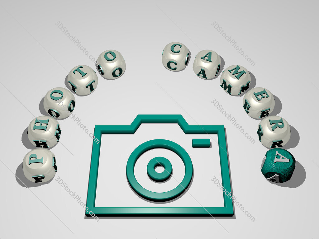 photo-camera 3D icon surrounded by the text of cubic letters