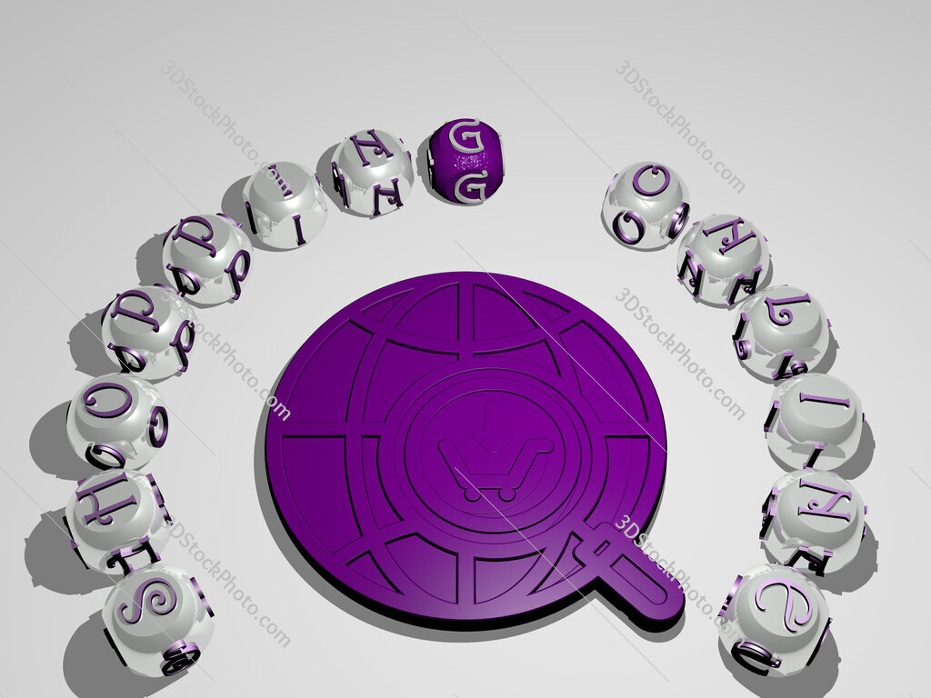 shopping-online 3D icon surrounded by the text of cubic letters