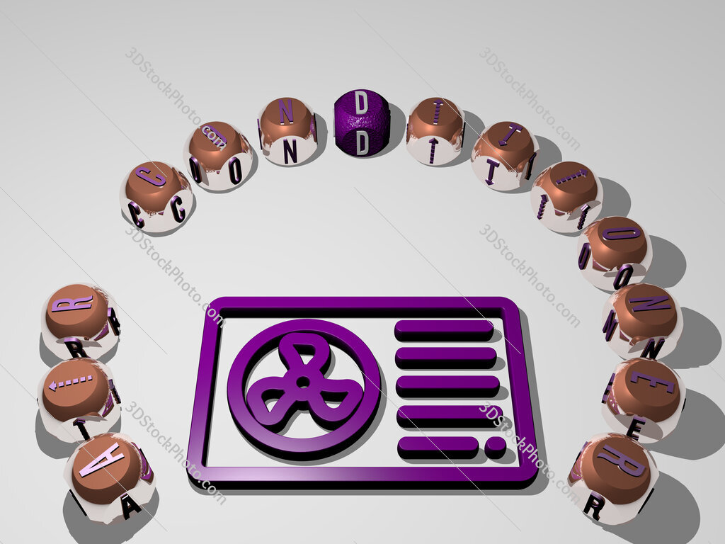 air-conditioner 3D icon surrounded by the text of cubic letters