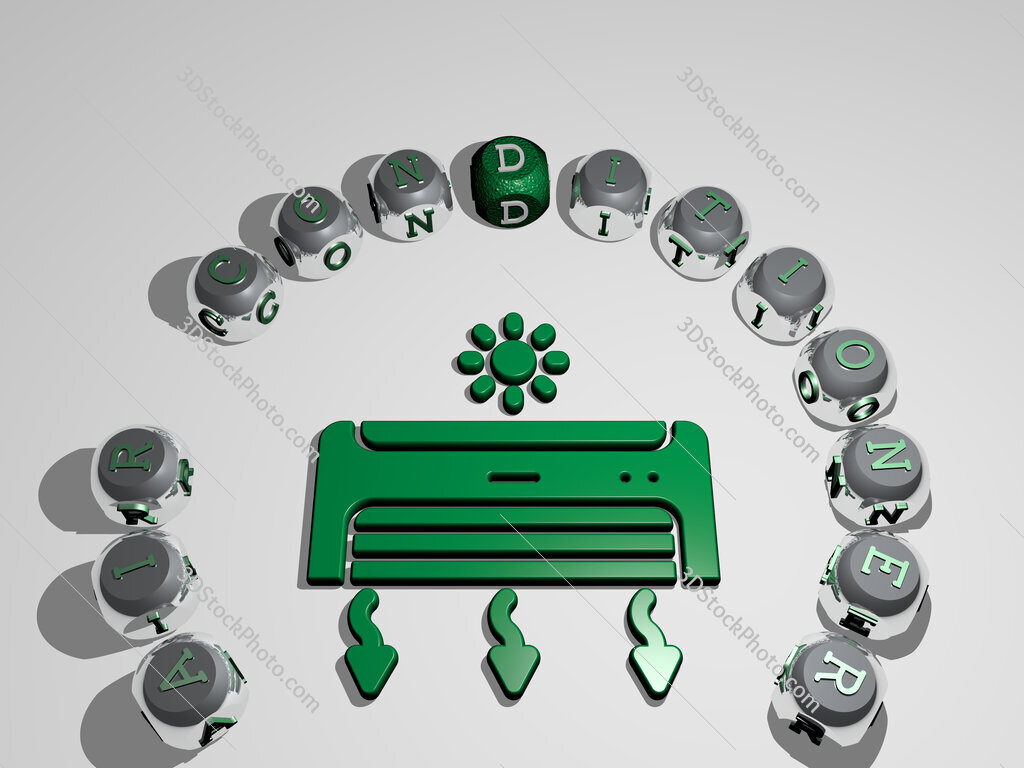 air-conditioner 3D icon surrounded by the text of cubic letters