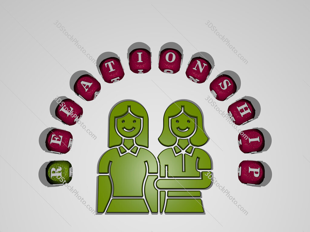 relationship icon surrounded by the text of individual letters