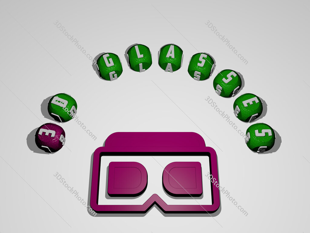3d-glasses icon surrounded by the text of individual letters