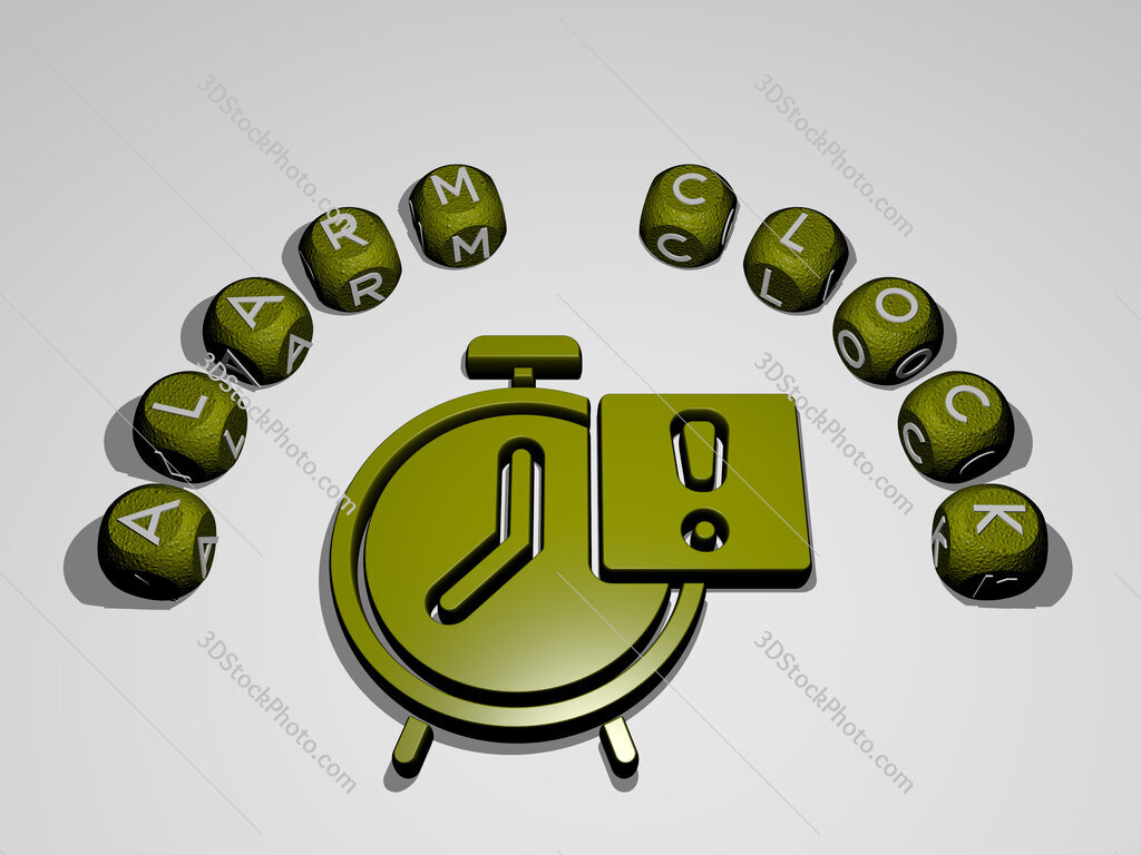 alarm-clock icon surrounded by the text of individual letters