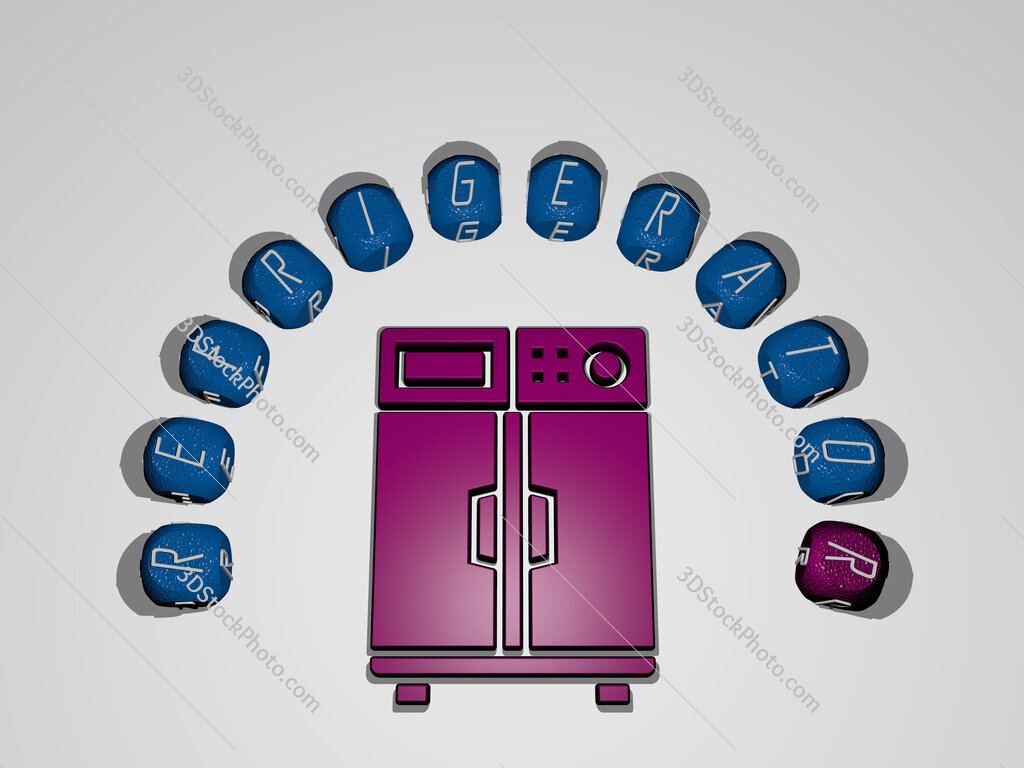 refrigerator icon surrounded by the text of individual letters