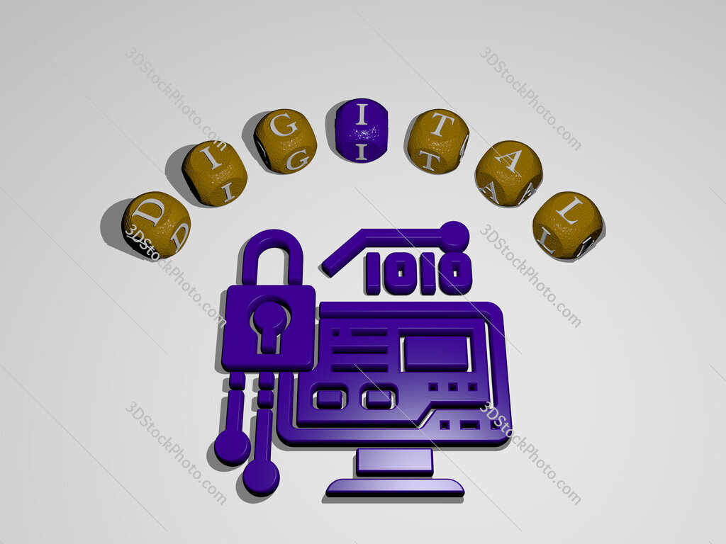 digital icon surrounded by the text of individual letters