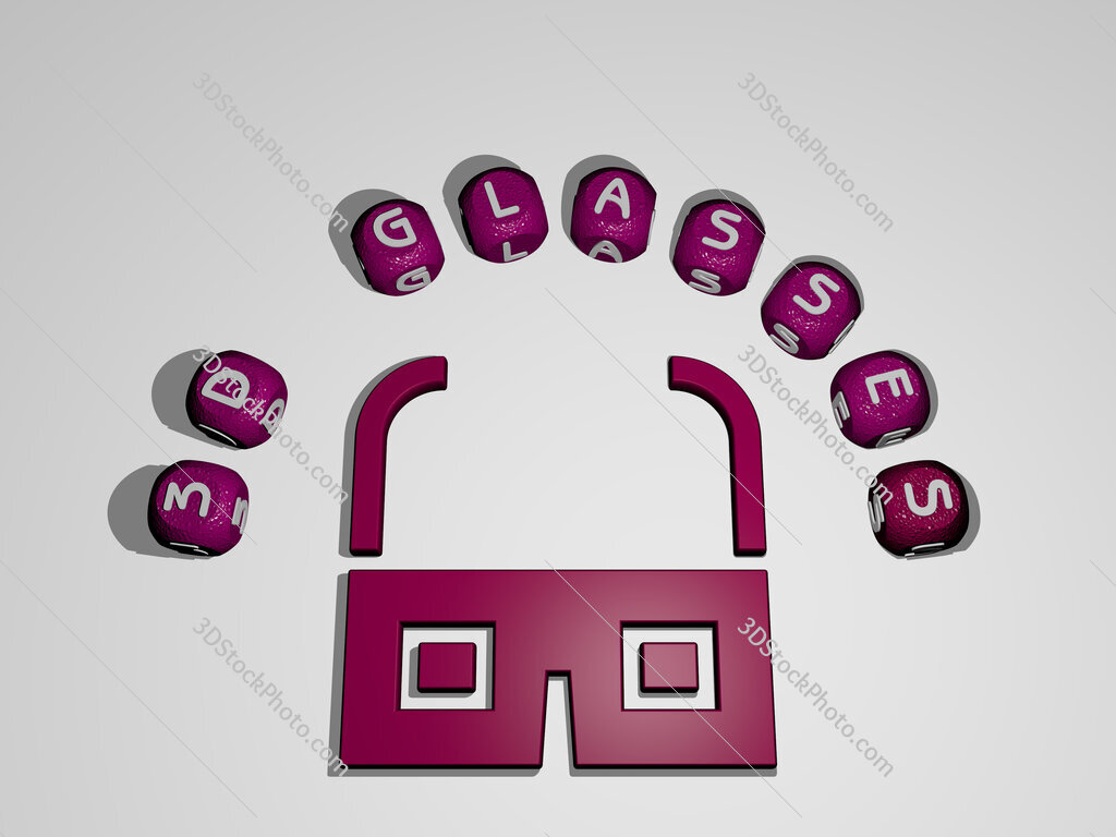 3d-glasses icon surrounded by the text of individual letters