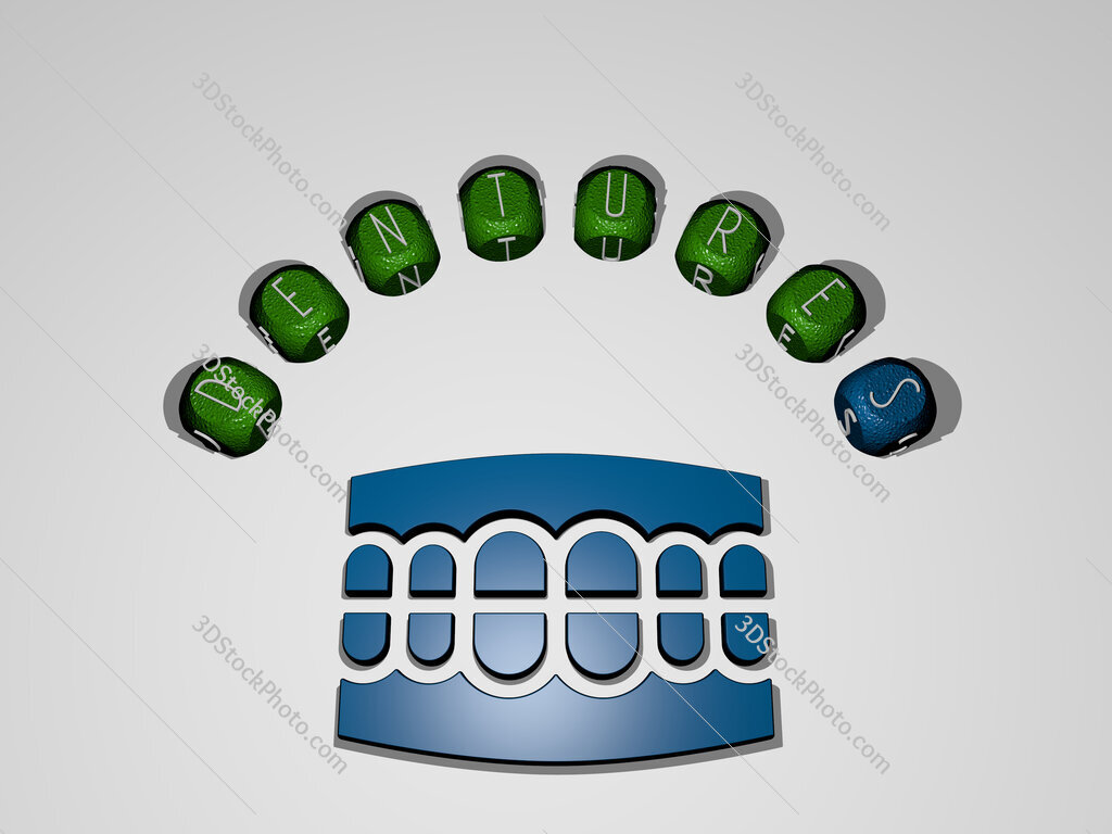 dentures icon surrounded by the text of individual letters