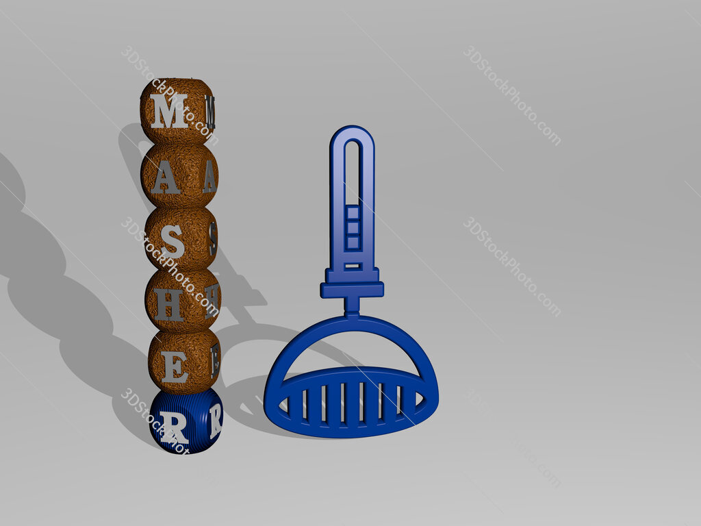 masher 3D icon and dice letter text