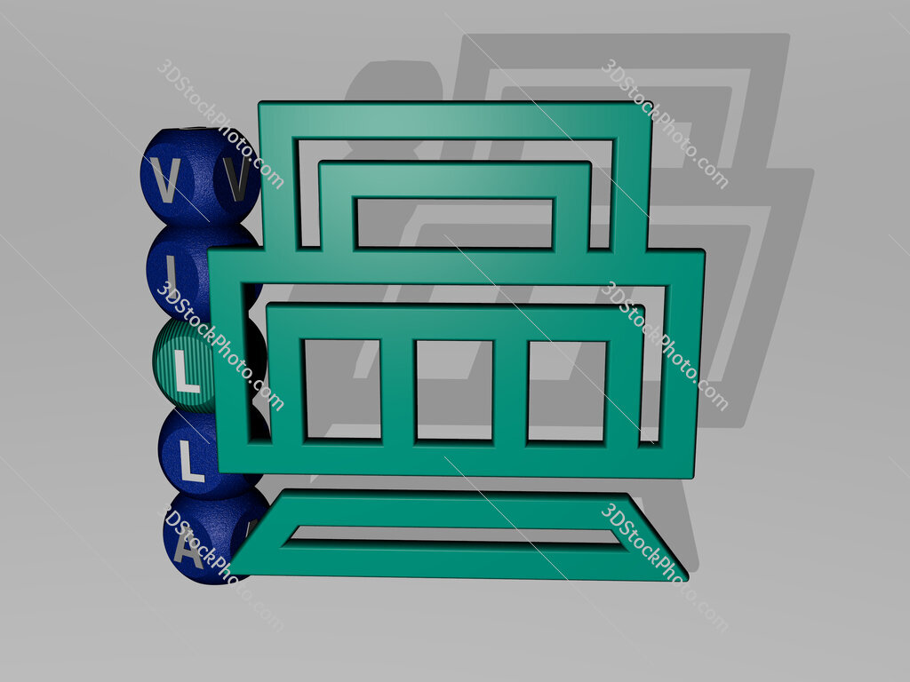 villa 3D icon and dice letter text