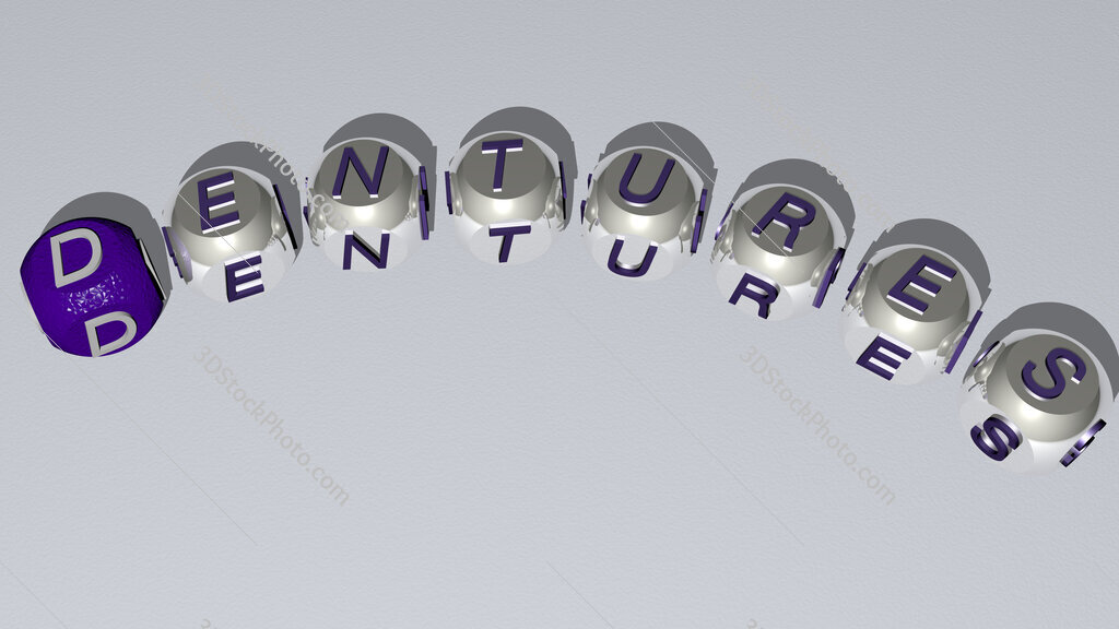 dentures text of dice letters with curvature