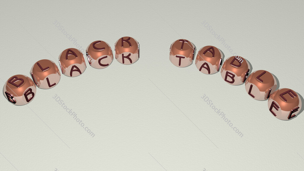 black table text of dice letters with curvature