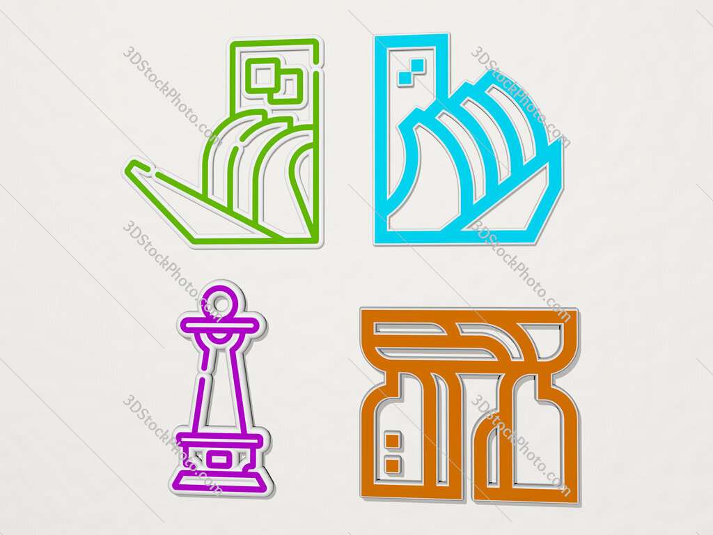 monument colorful set of icons