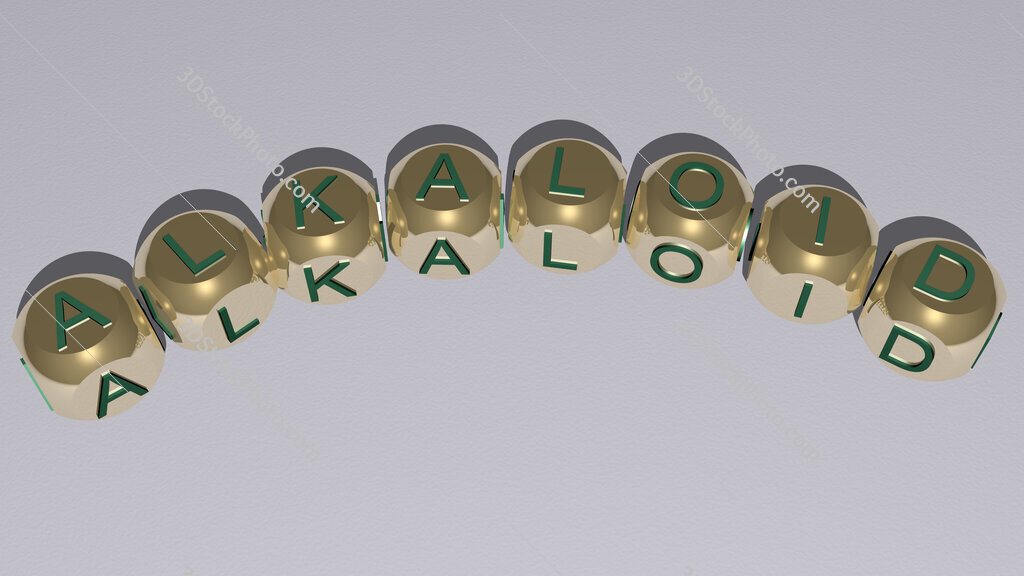 alkaloid curved text of cubic dice letters