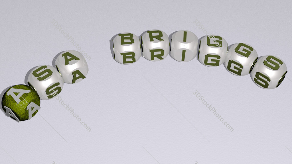 Asa Briggs curved text of cubic dice letters