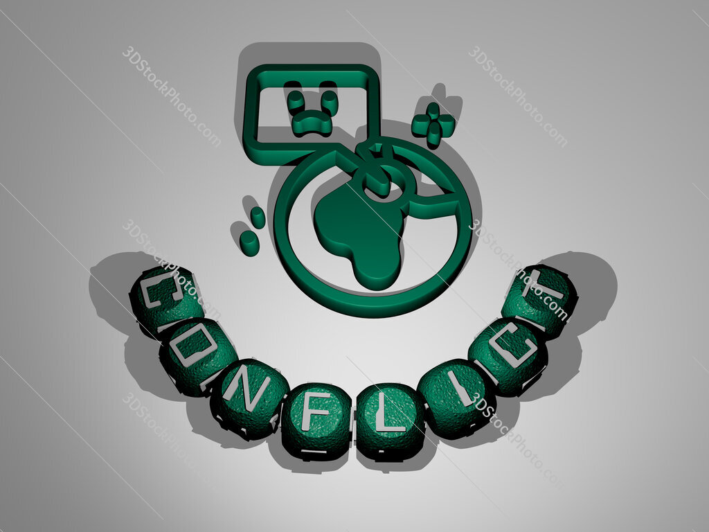 conflict text around the 3D icon