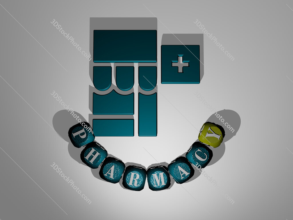 pharmacy text around the 3D icon