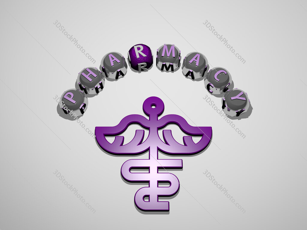 pharmacy 3D icon surrounded by the text of cubic letters