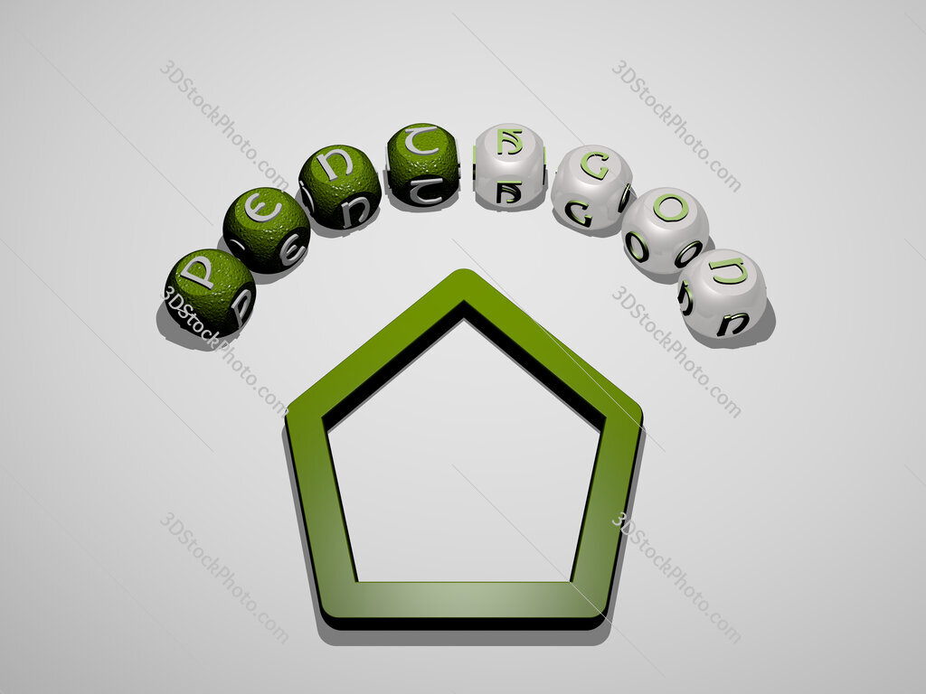 pentagon 3D icon surrounded by the text of cubic letters