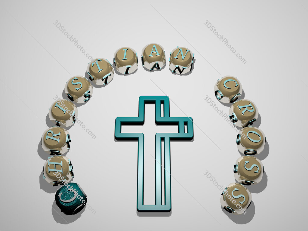 christian-cross 3D icon surrounded by the text of cubic letters