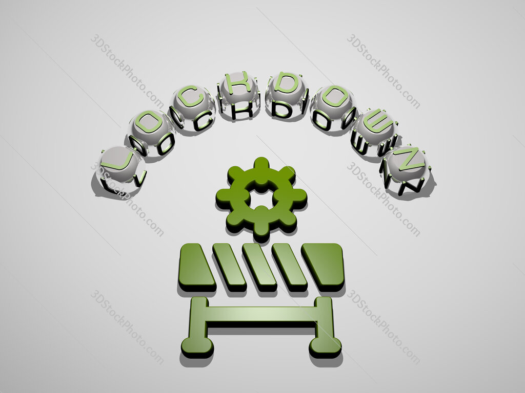 lockdown 3D icon surrounded by the text of cubic letters