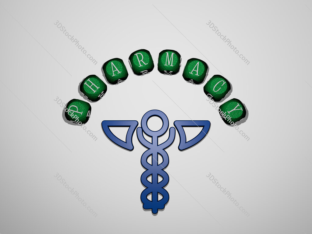 pharmacy icon surrounded by the text of individual letters