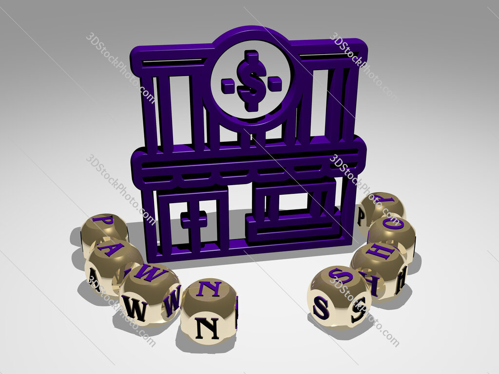 pawn-shop round text of cubic letters around 3D icon