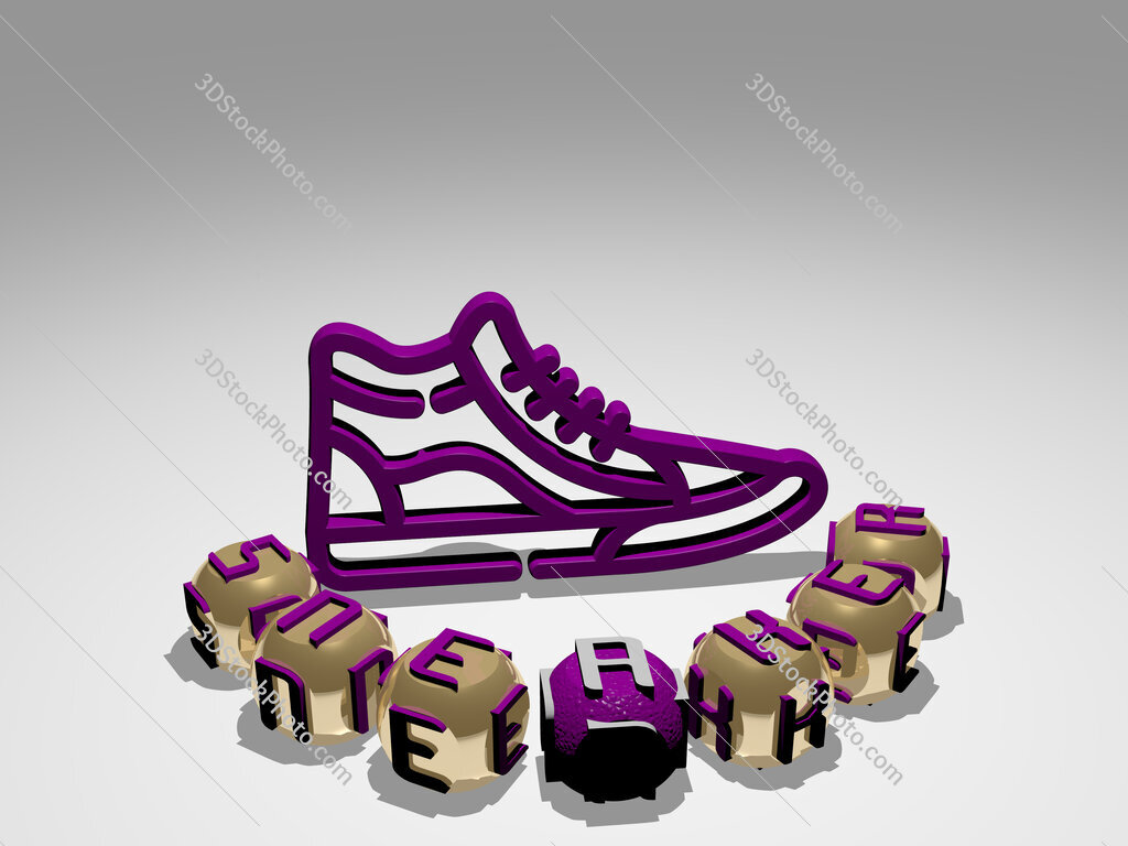 sneaker round text of cubic letters around 3D icon