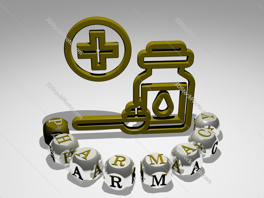 pharmacy round text of cubic letters around 3D icon