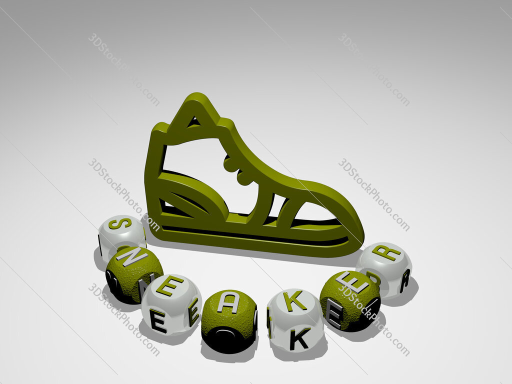 sneaker round text of cubic letters around 3D icon