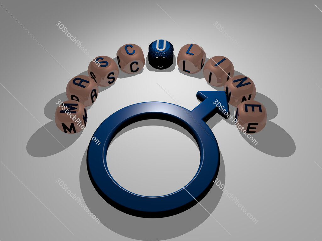 masculine circular text of separate letters around the 3D icon