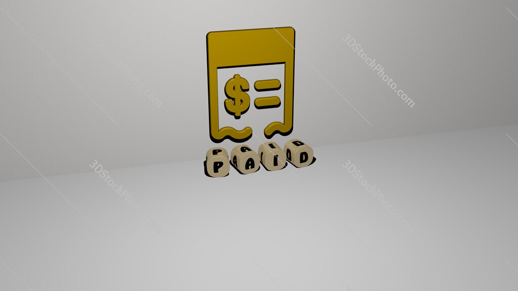 paid text of cubic dice letters on the floor and 3D icon on the wall