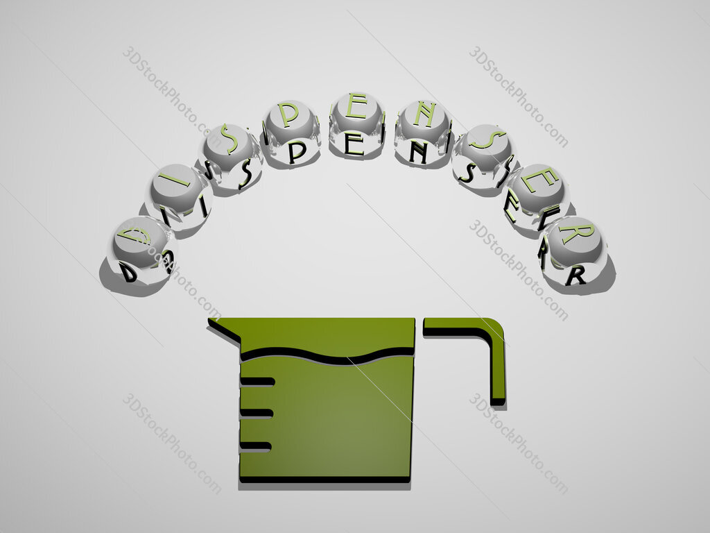 dispenser 3D icon surrounded by the text of cubic letters