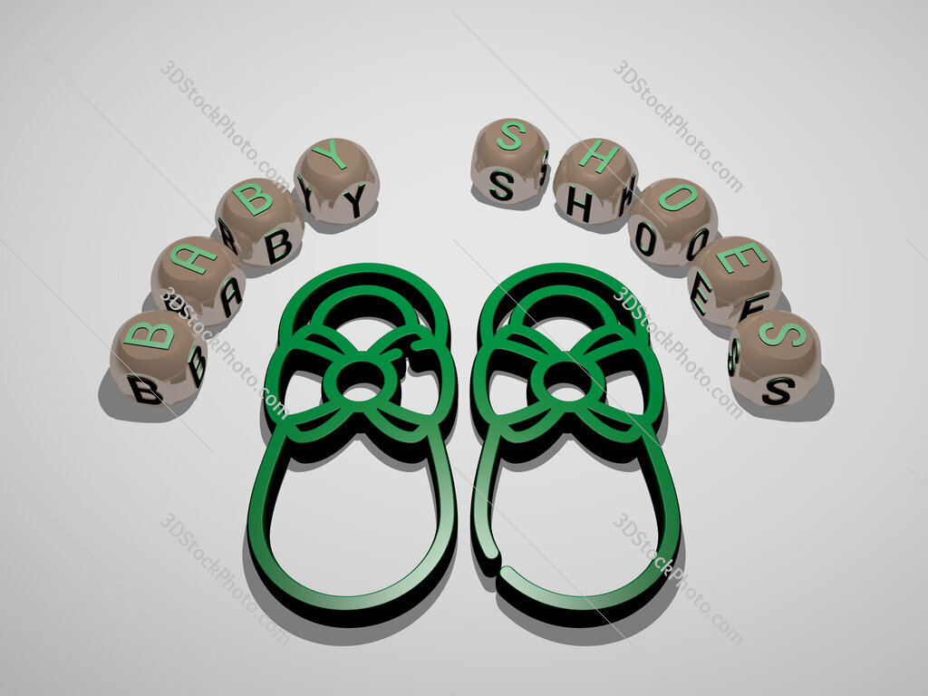baby-shoes 3D icon surrounded by the text of cubic letters