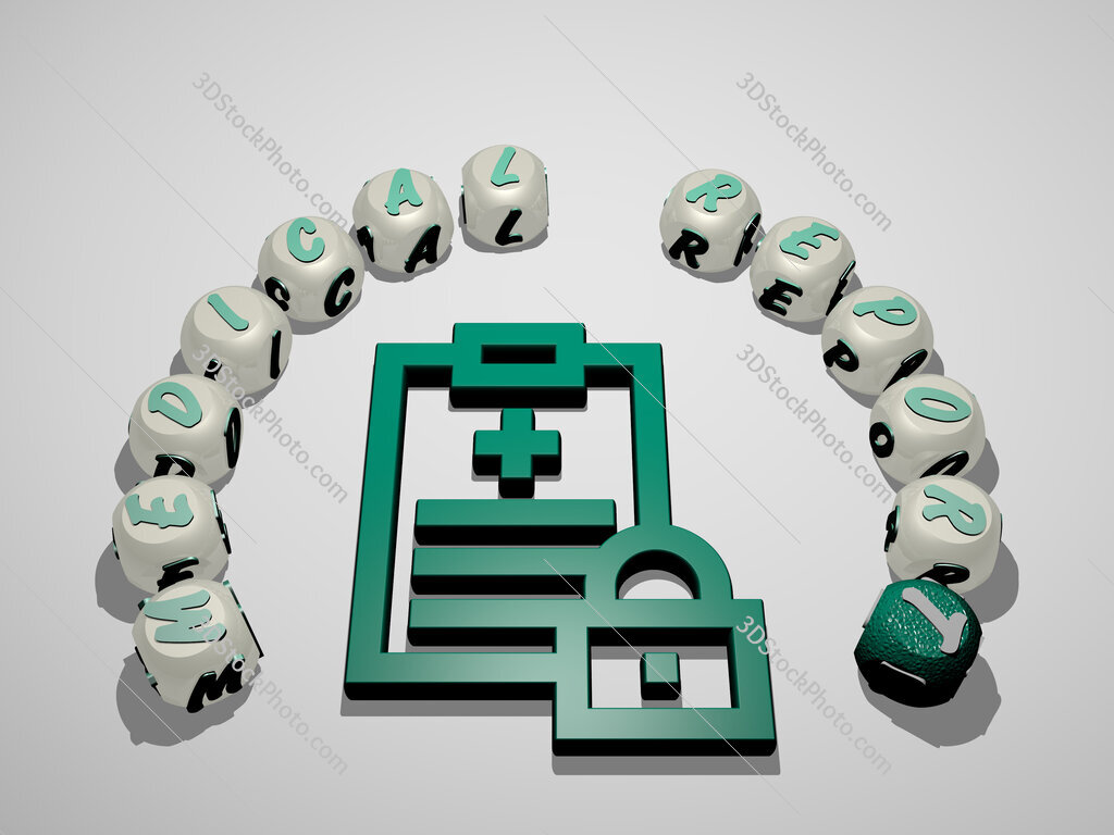 medical-report 3D icon surrounded by the text of cubic letters
