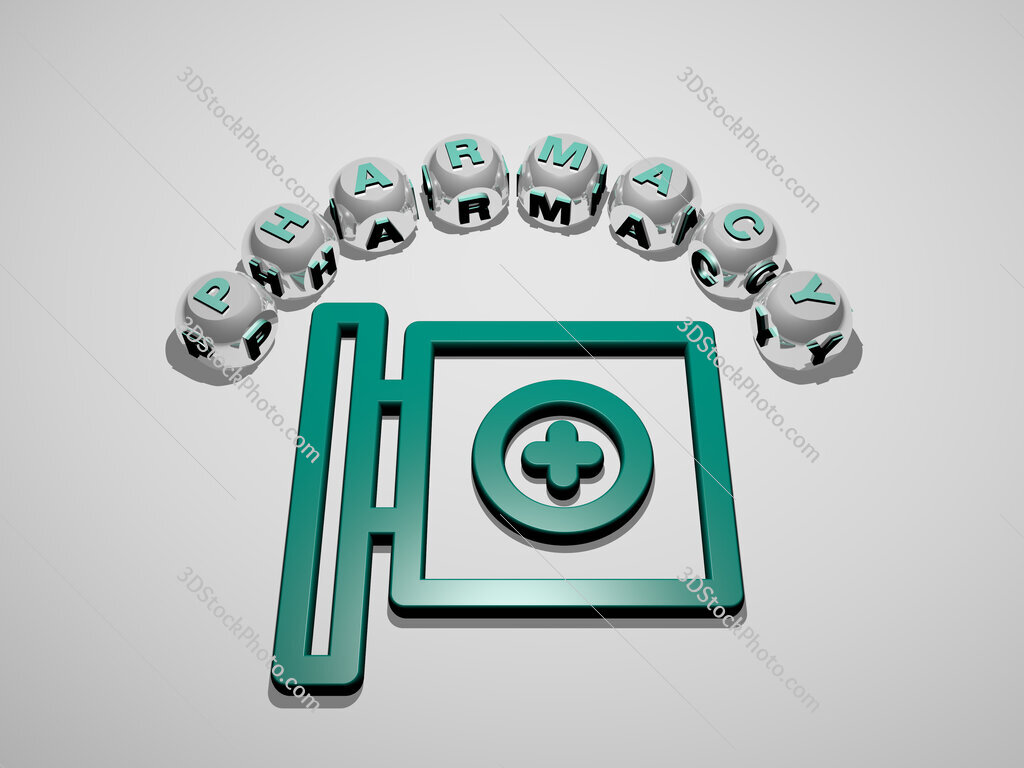 pharmacy 3D icon surrounded by the text of cubic letters