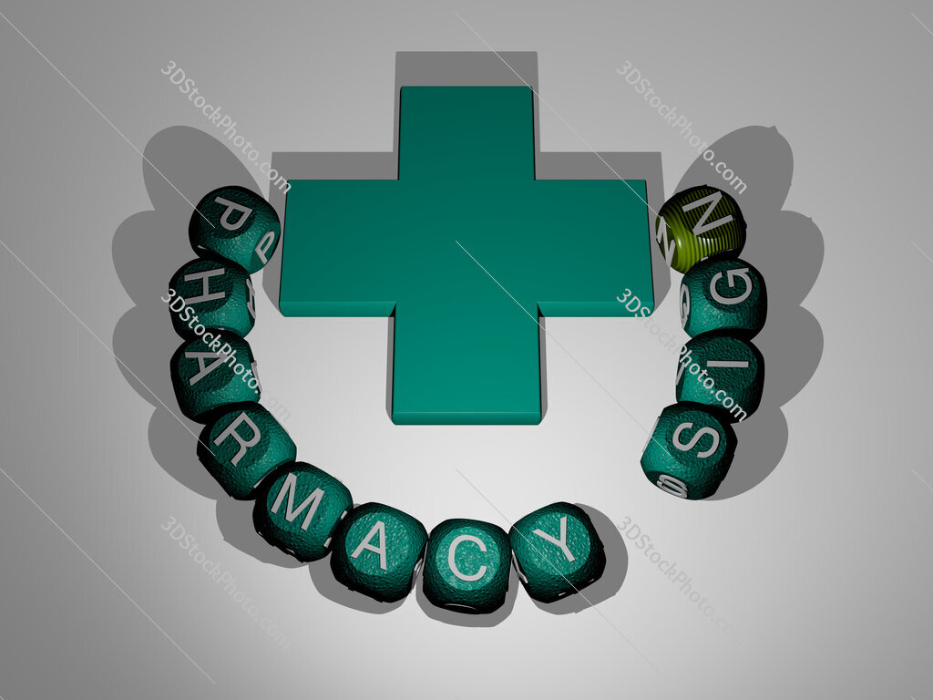 pharmacy-sign text around the 3D icon