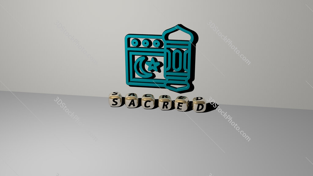 sacred text of cubic dice letters on the floor and 3D icon on the wall