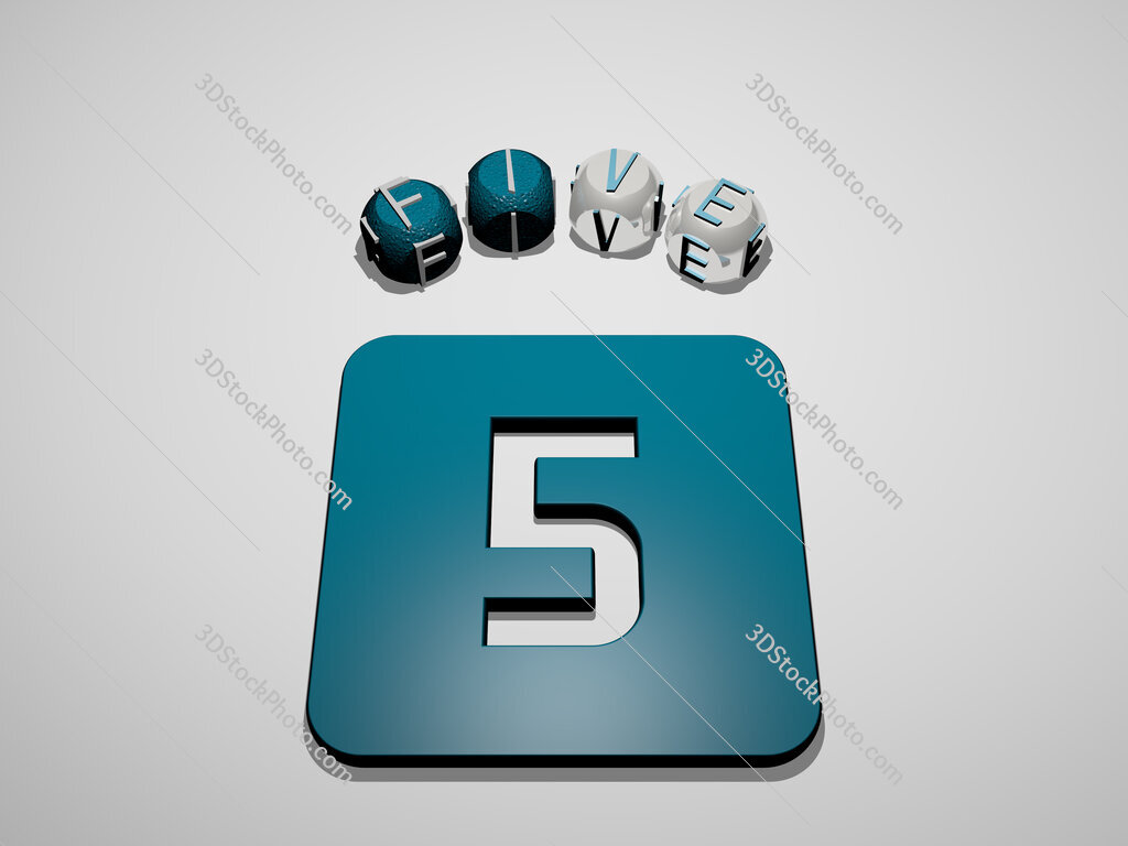 five 3D icon surrounded by the text of cubic letters