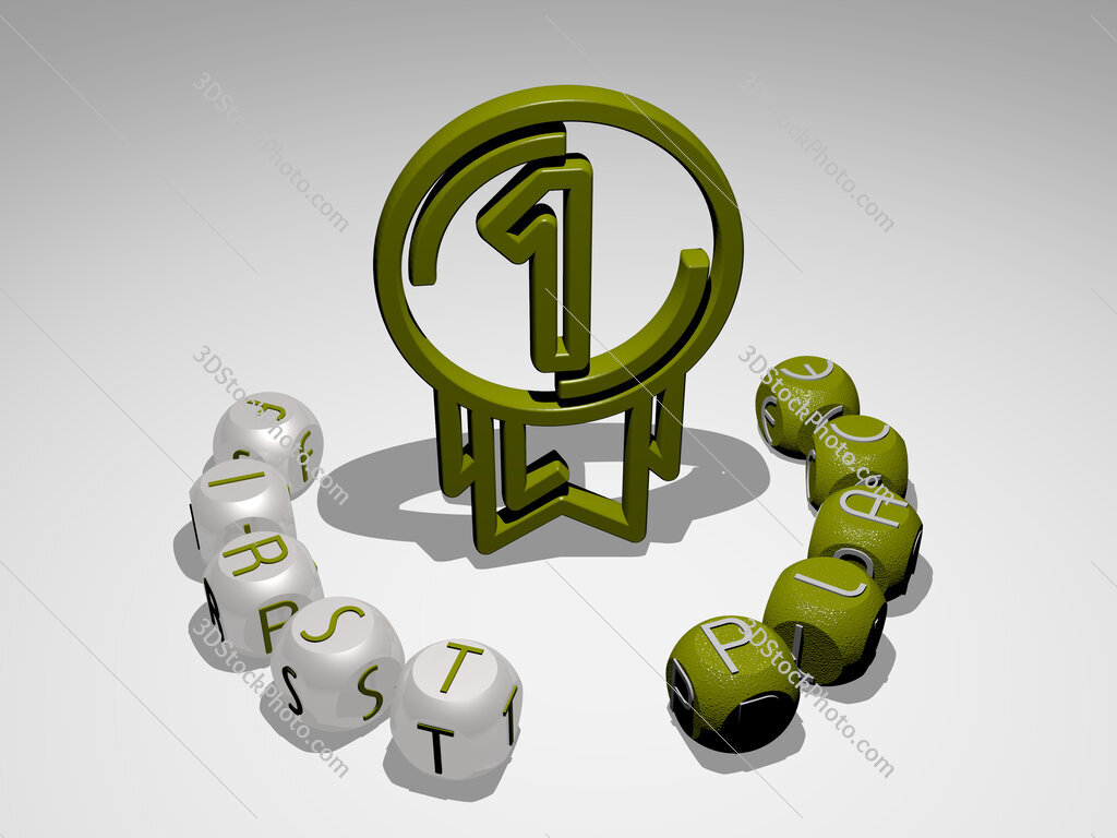 first-place round text of cubic letters around 3D icon