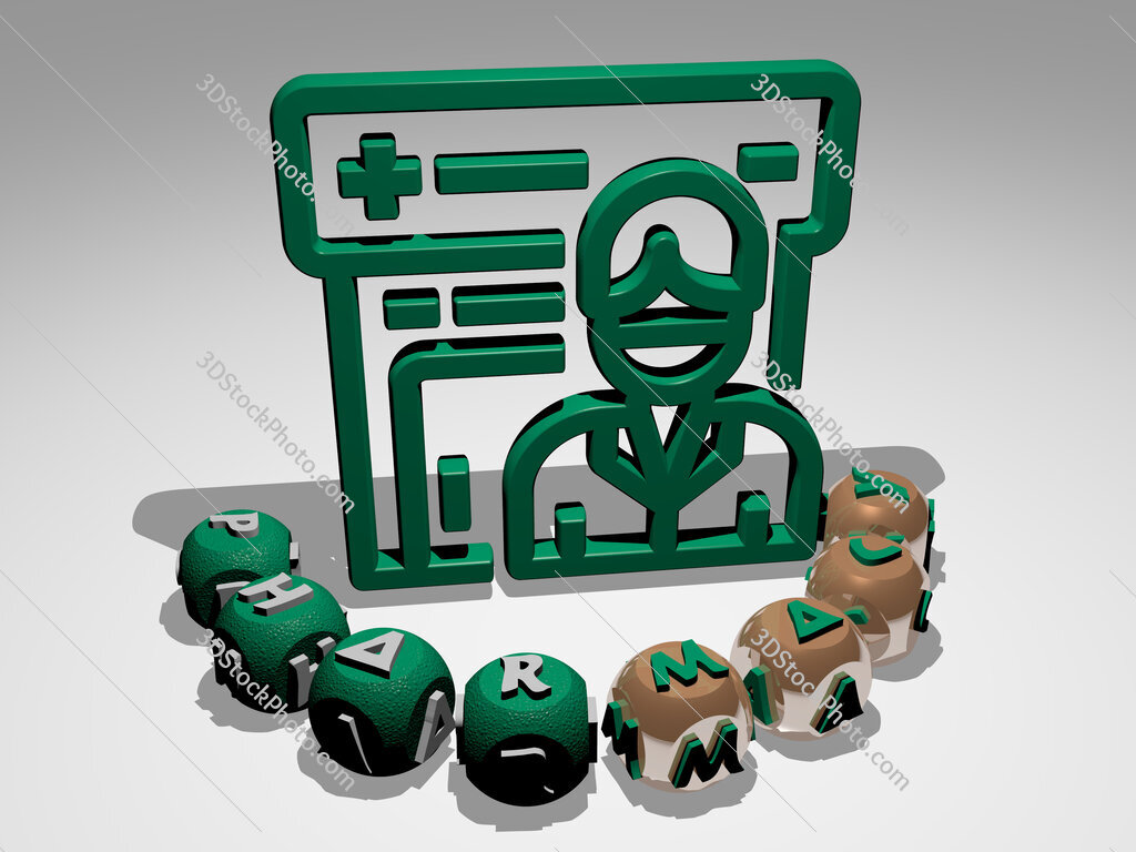 pharmacy round text of cubic letters around 3D icon