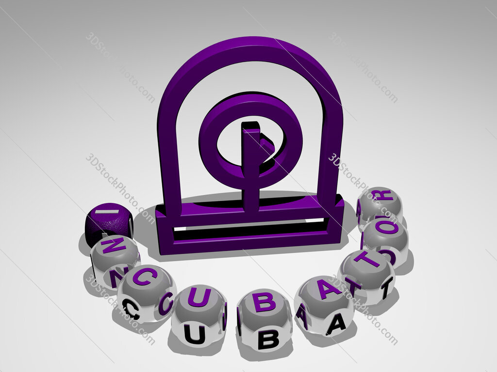 incubator round text of cubic letters around 3D icon
