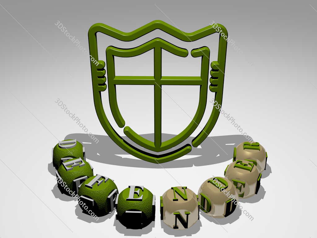 defender round text of cubic letters around 3D icon