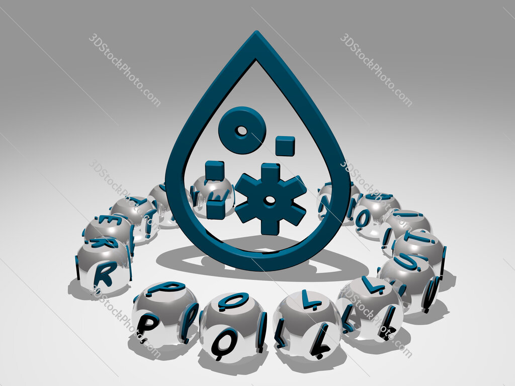 water-pollution round text of cubic letters around 3D icon