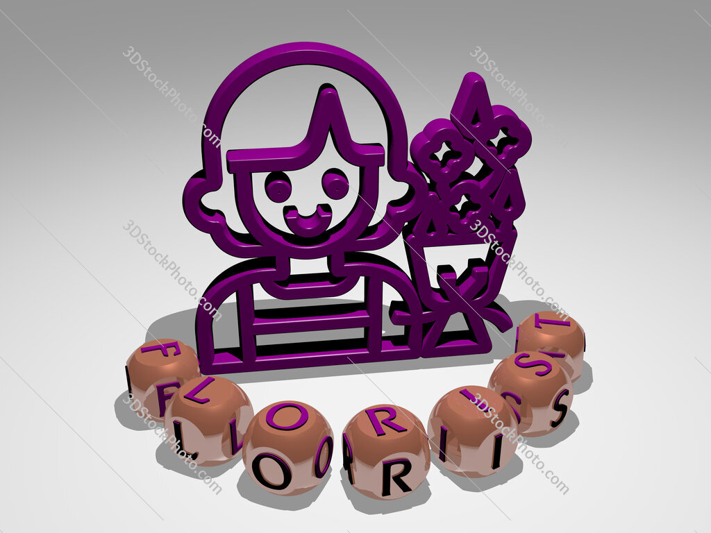 florist round text of cubic letters around 3D icon